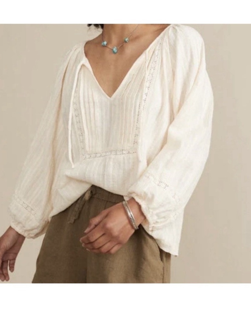 Marine Layer Pintuck Lace Top M Cream Tie Peasant Blouse Balloon Sleeve Coastal